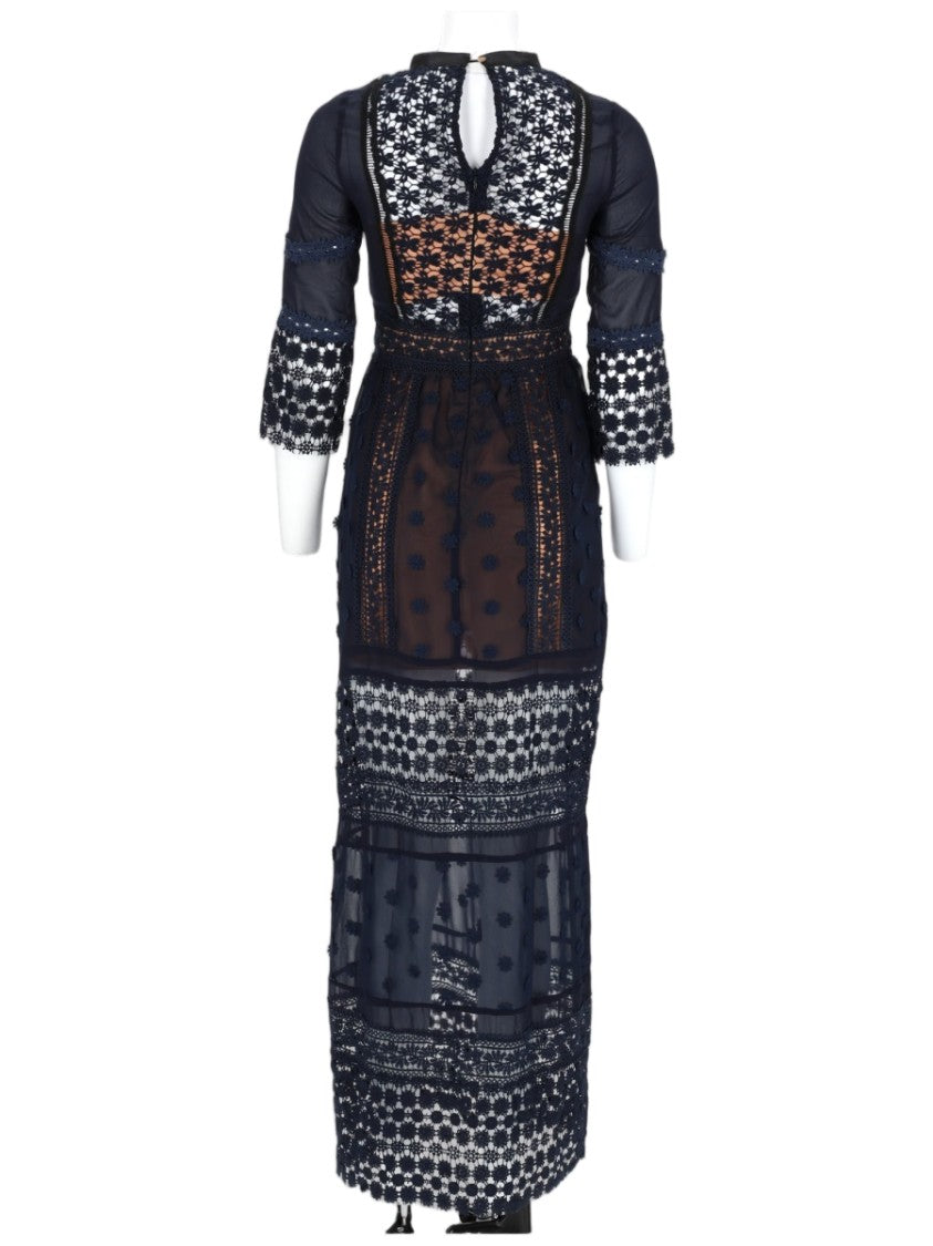 Nj Couture Intricate Lace Maxi Dress With Sheer Paneling