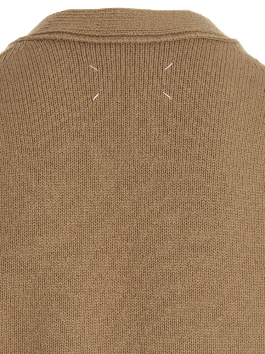 Maison Margiela Brown Wool-Linen-Cotton Blend Cardigan With Suede Elbow Patches