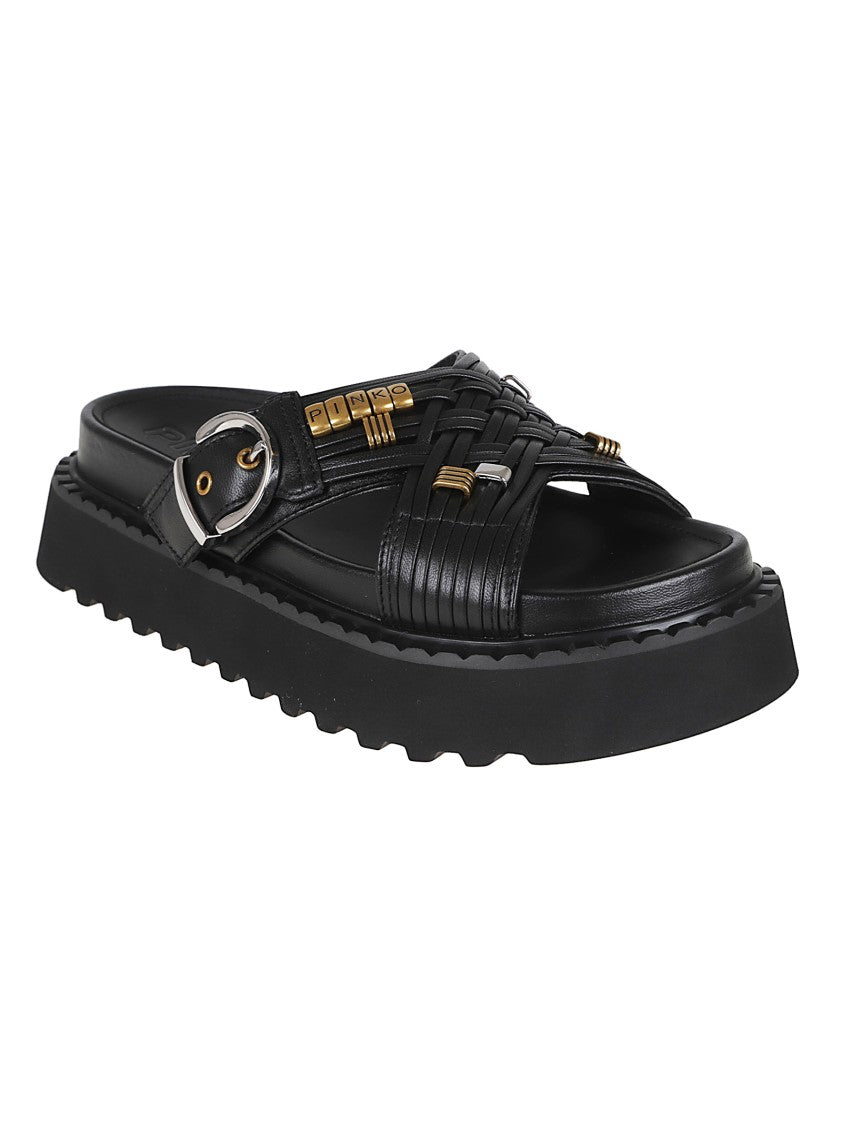 Pinko Woven Black Leather Sandals