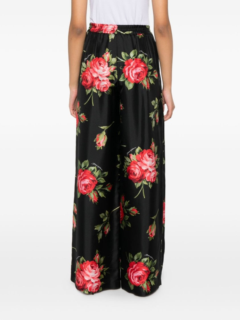 Dolce & Gabbana Floral Silk Wide-Leg Trousers With Elastic Waistband