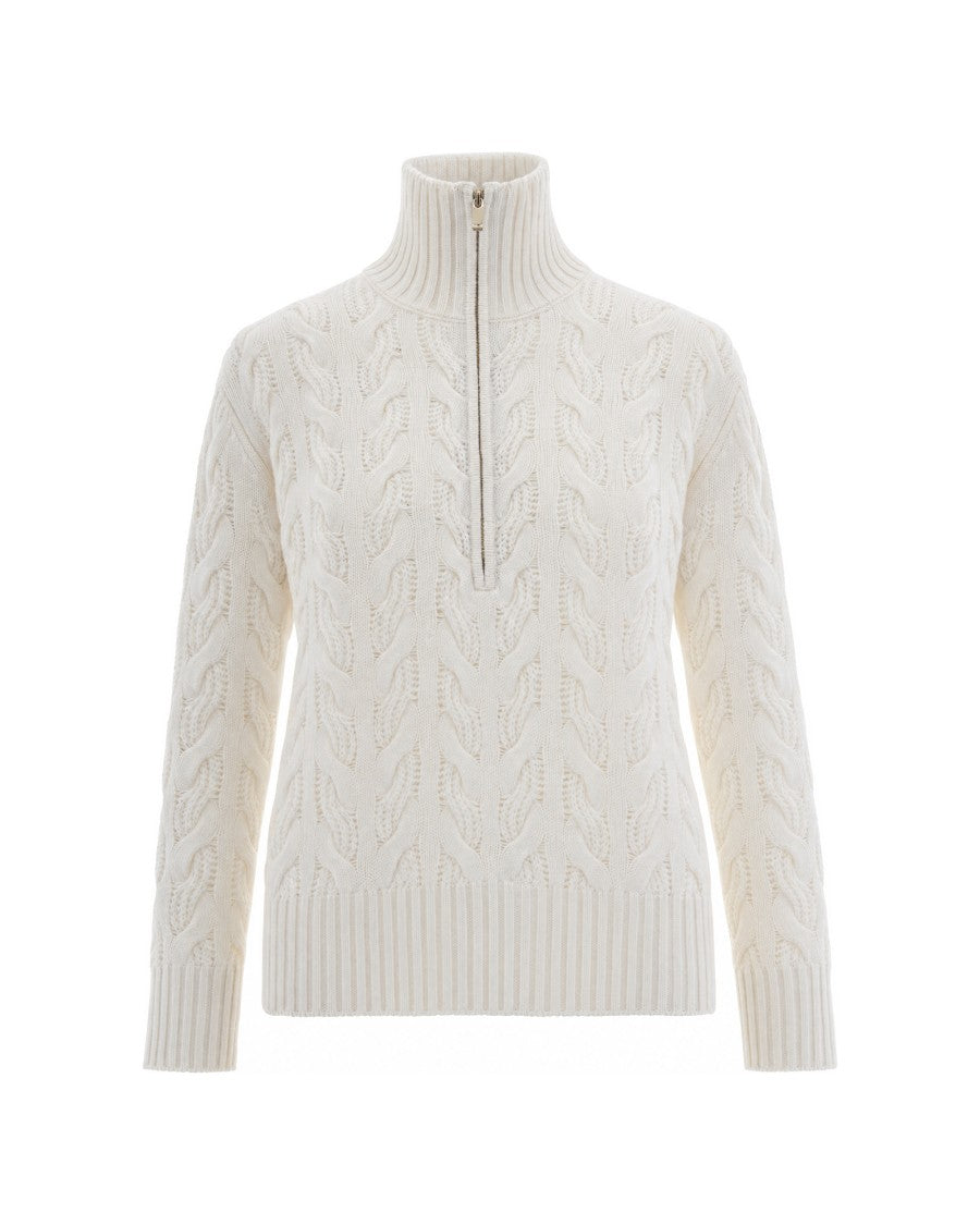 Max Mara White Colle Cable Knit Half-Zip High-Neck Sweater