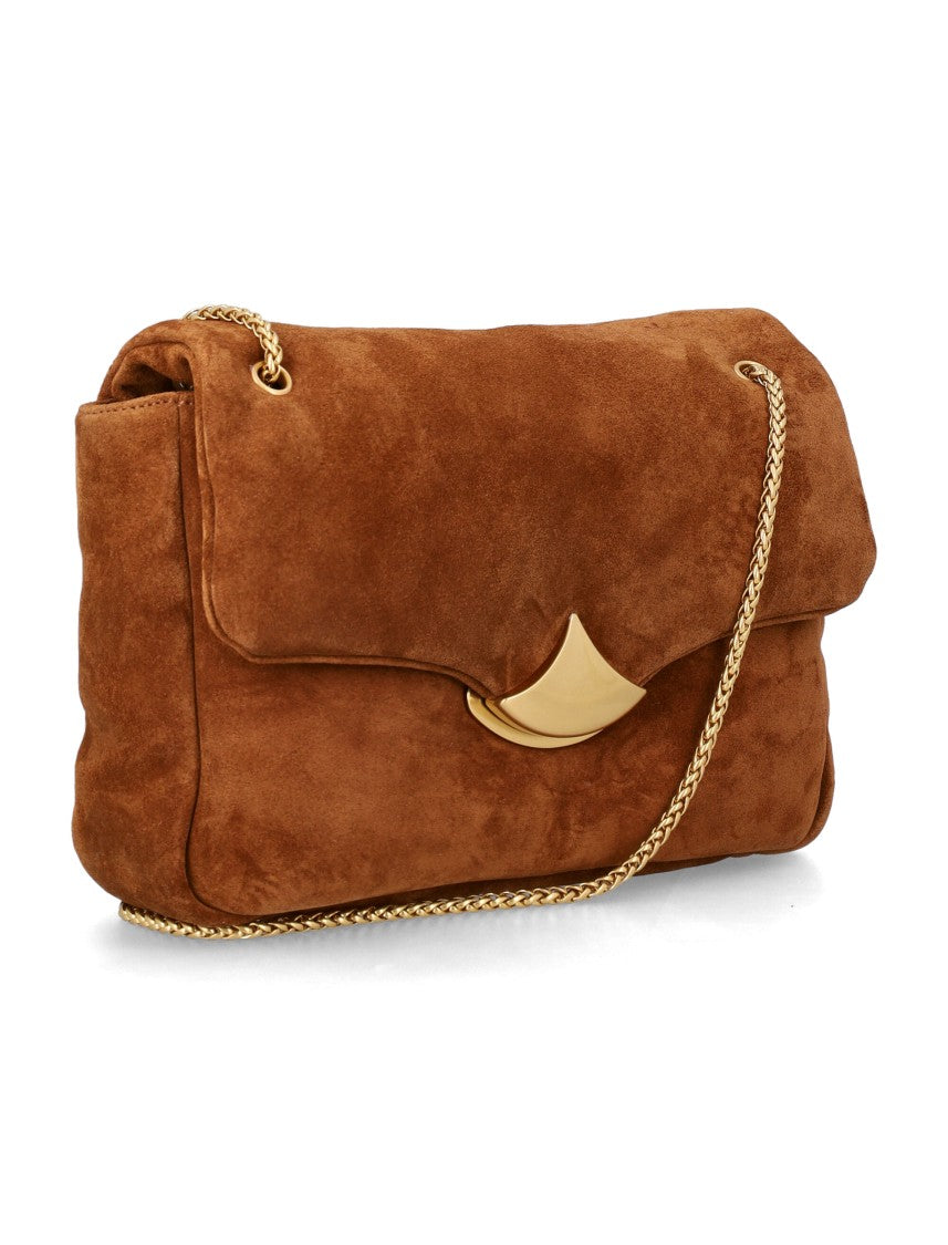 Sessùn Warm Brown Suede Handbag With Curved Gold Accent