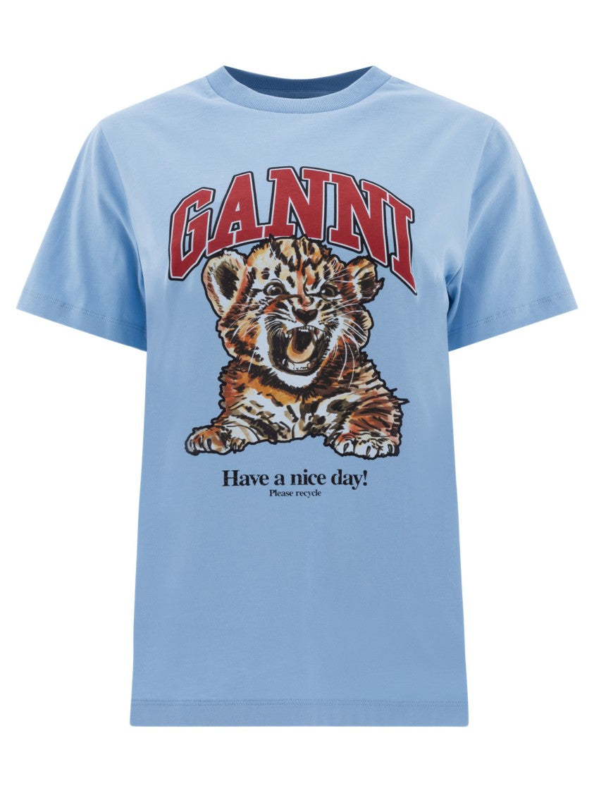 Ganni Relaxed-Fit Graphic Print T-Shirt With Ribbed Crew Neck