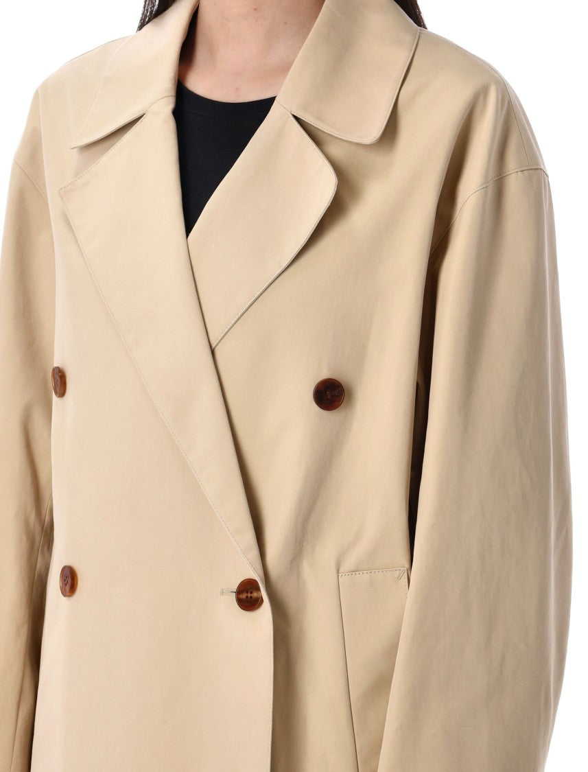 Low Classic Beige Double-Breasted Trench Coat With Notched Lapels