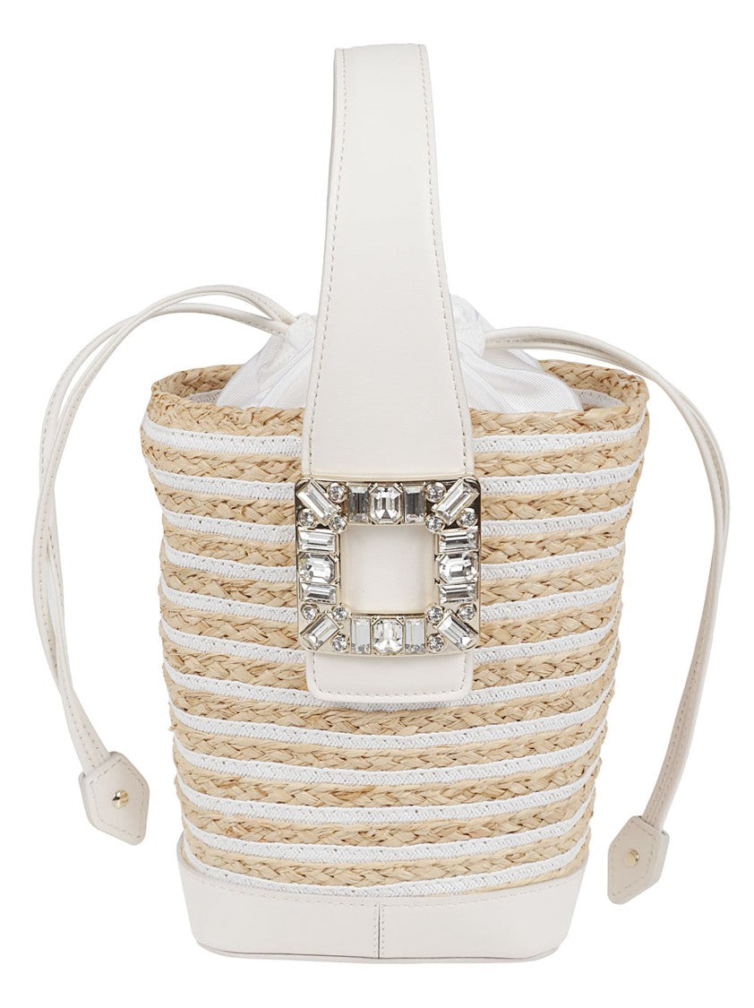 Roger Vivier Woven Raffia Bucket Bag With Crystal Buckle Accents