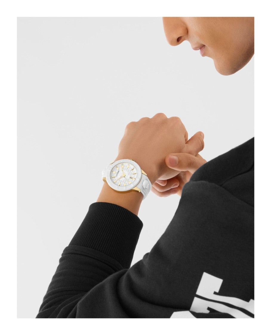 Plein Sport 45Mm Yellow Gold Case Silicone Watch With Silver Enamel Dial