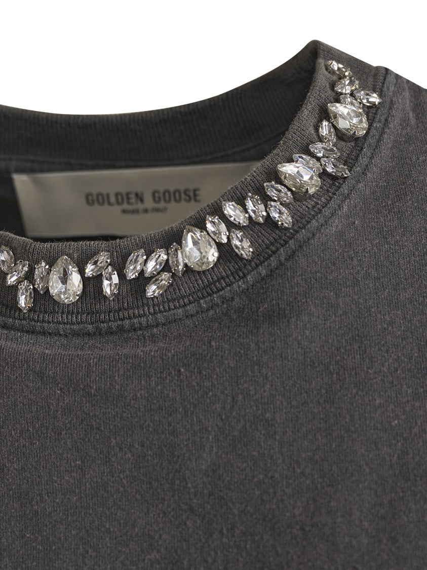 Golden Goose Golden Distressed Crystal Cotton T-Shirt