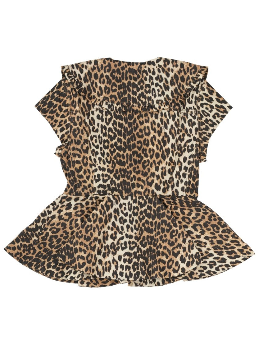 Ganni Leopard Organic Cotton Peplum Shirt