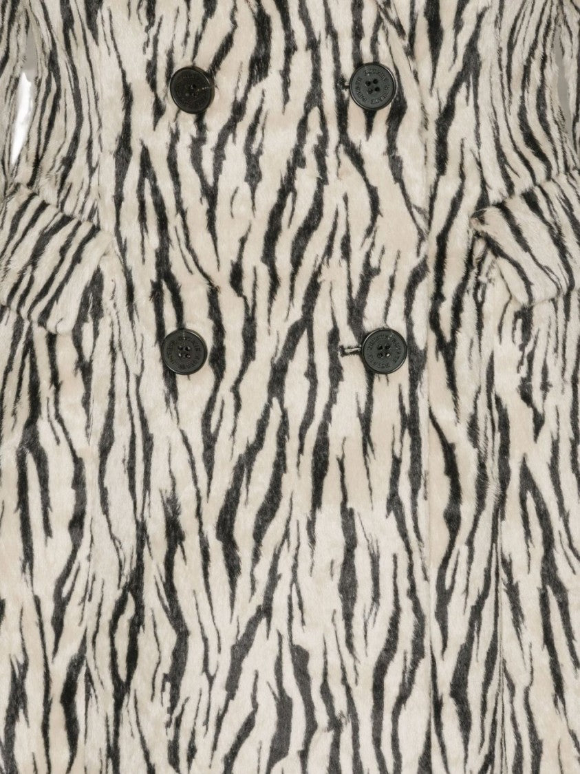 Rotate Zebra Print Long Coat With Double-Breasted Design And Large Lapels