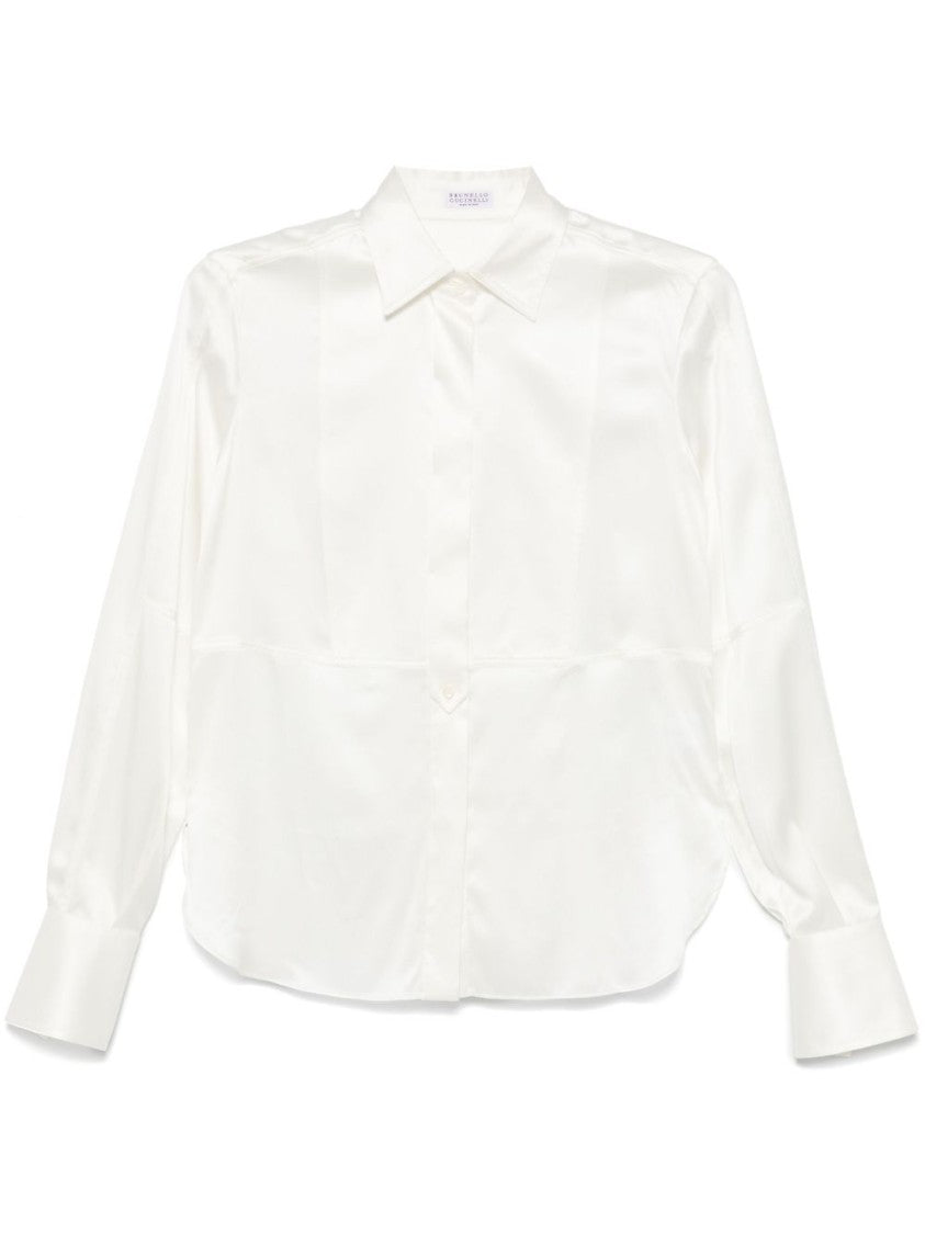 Brunello Cucinelli Satin-Finish White Shirt With Pointed Collar And Concealed Placket