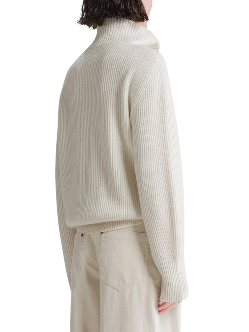 Forte Forte High Collar Ribbed Knit Sweater With Circular Zipper Pull