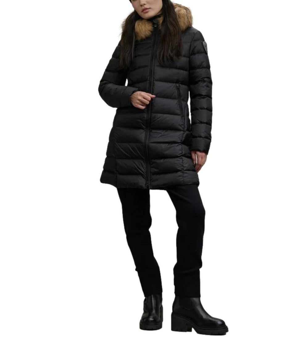 Blauer Long Quilted Fur Trim Fitted Coat
