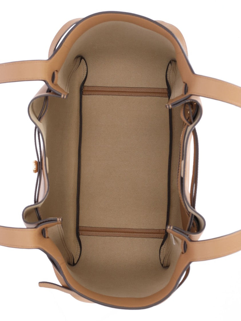Tory Burch Romy Metal Logo Beige Textured Leather Shoulder Bag