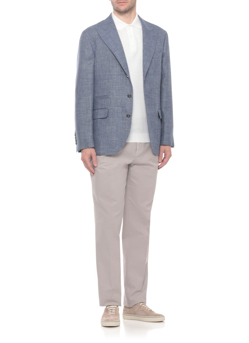 Brunello Cucinelli Blue Wool Linen Peak Lapel Blazer