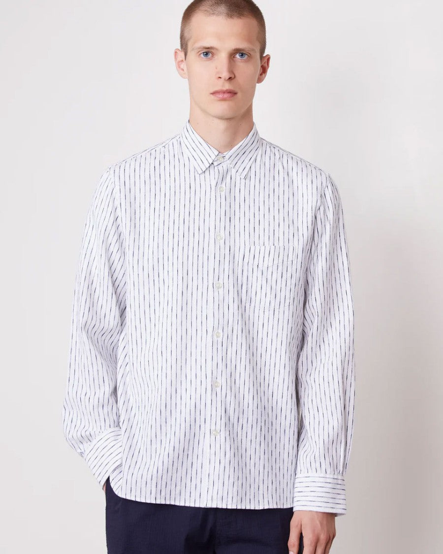 Officine Generale Long-Sleeved White Shirt With Gathered Cuffs