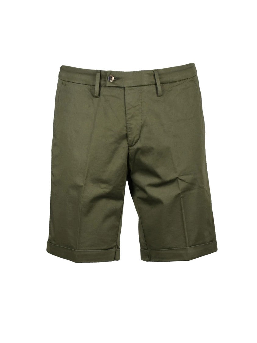 Bro Ship Military Green Flat Waist Cuffed Stretch Cotton Shorts