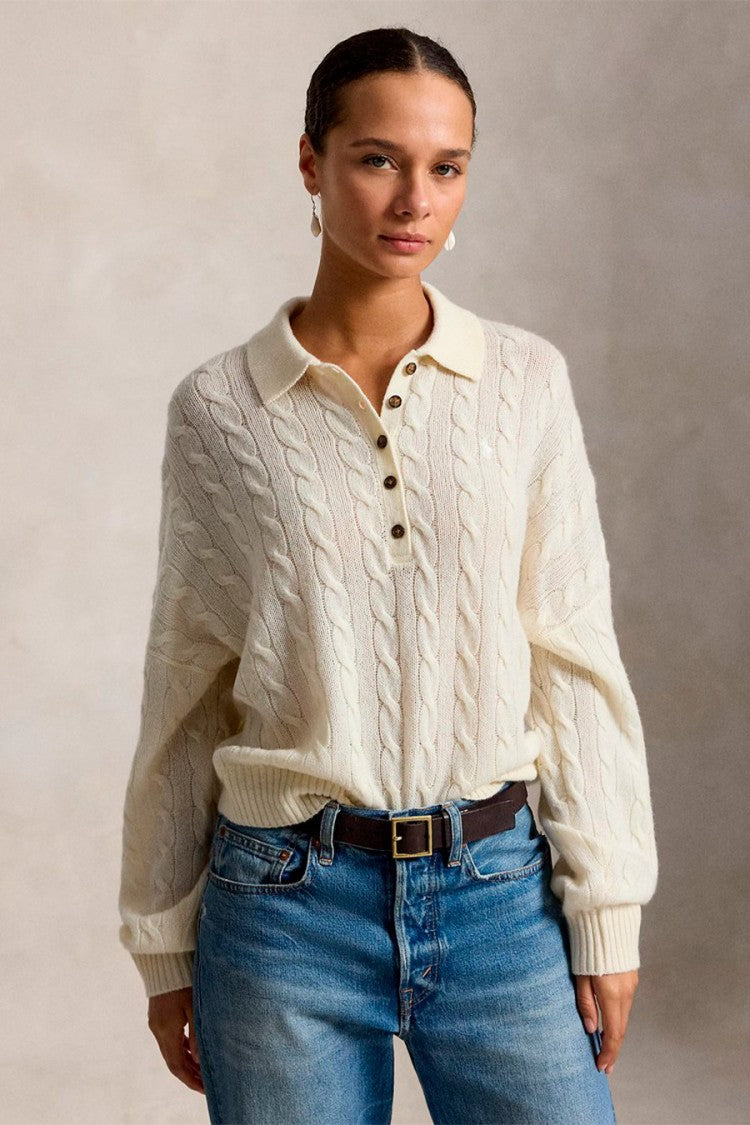 Polo Ralph Lauren Cream Wool-Cashmere Blend Cable-Knit Polo Sweater
