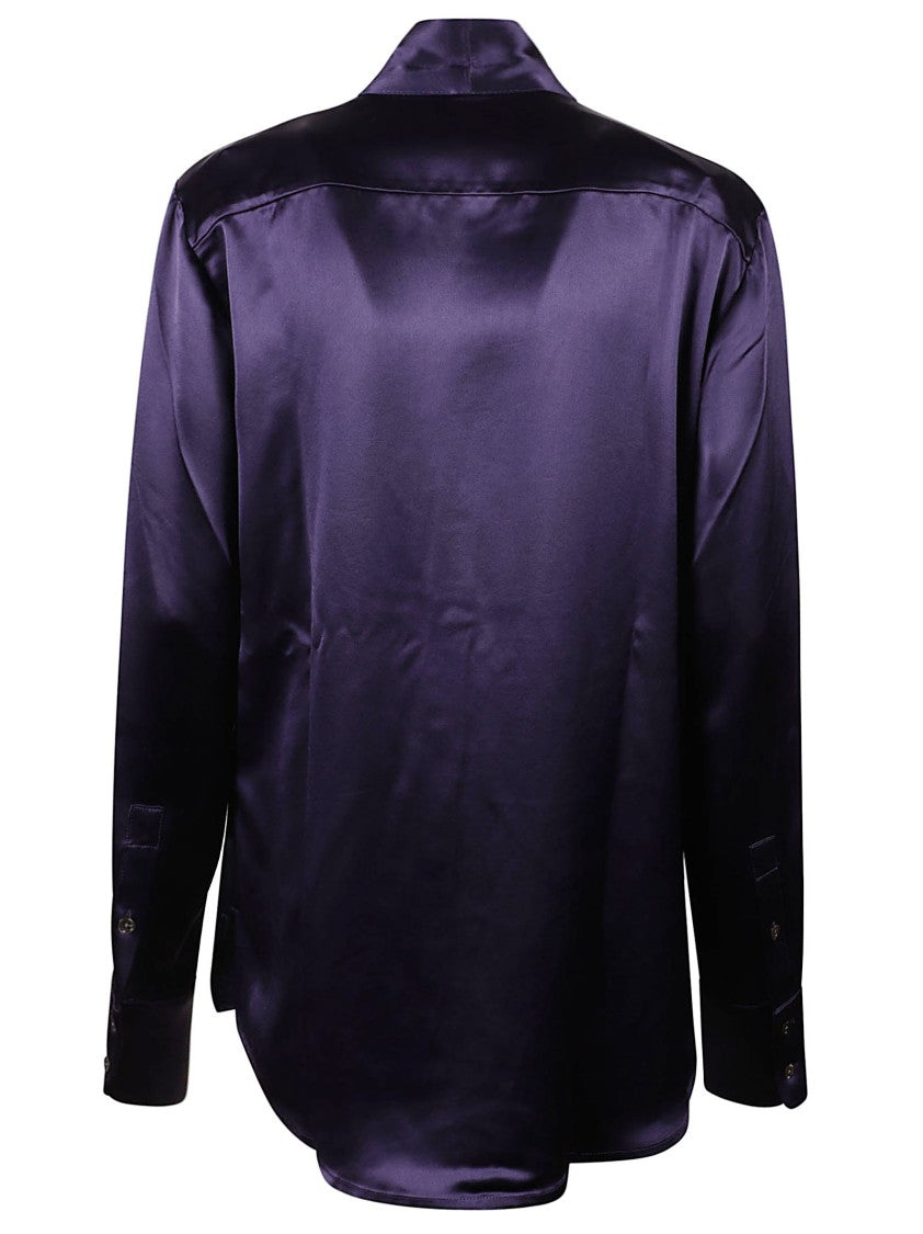 7 For All Mankind Deep Purple Satin Long-Sleeved Bow Tie Shirt