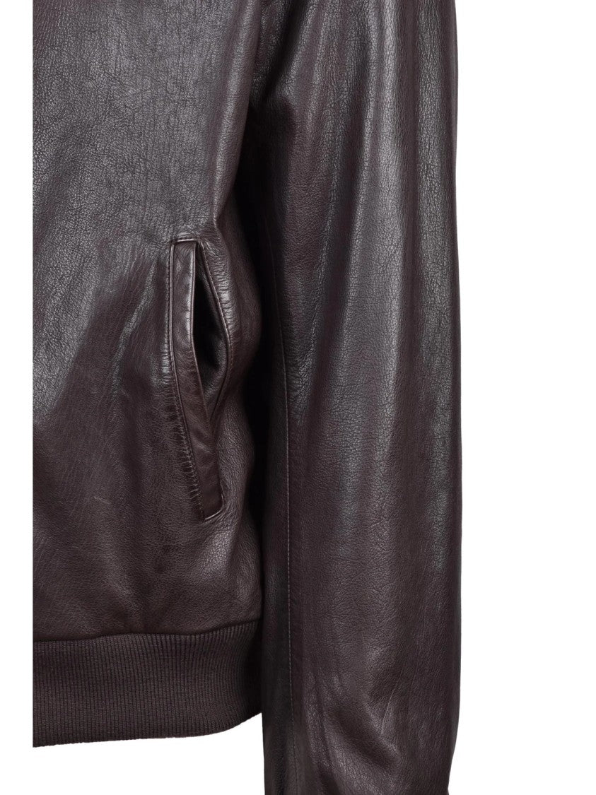 Mabrun Brown Quilted Interior Genuine Leather Zip Jacket