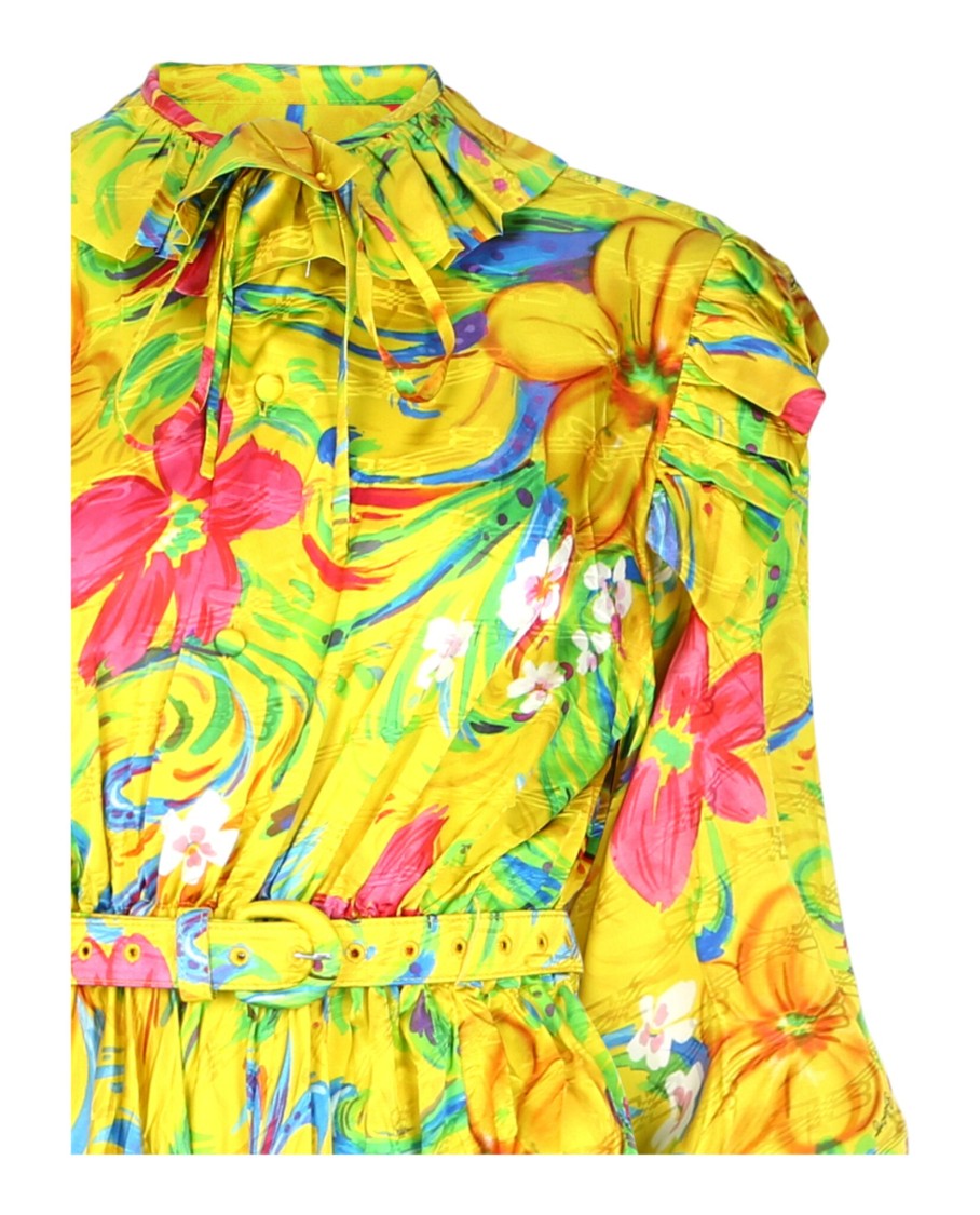 Balenciaga Vibrant Yellow Off-Shoulder Floral Dress With Ruffle Collar