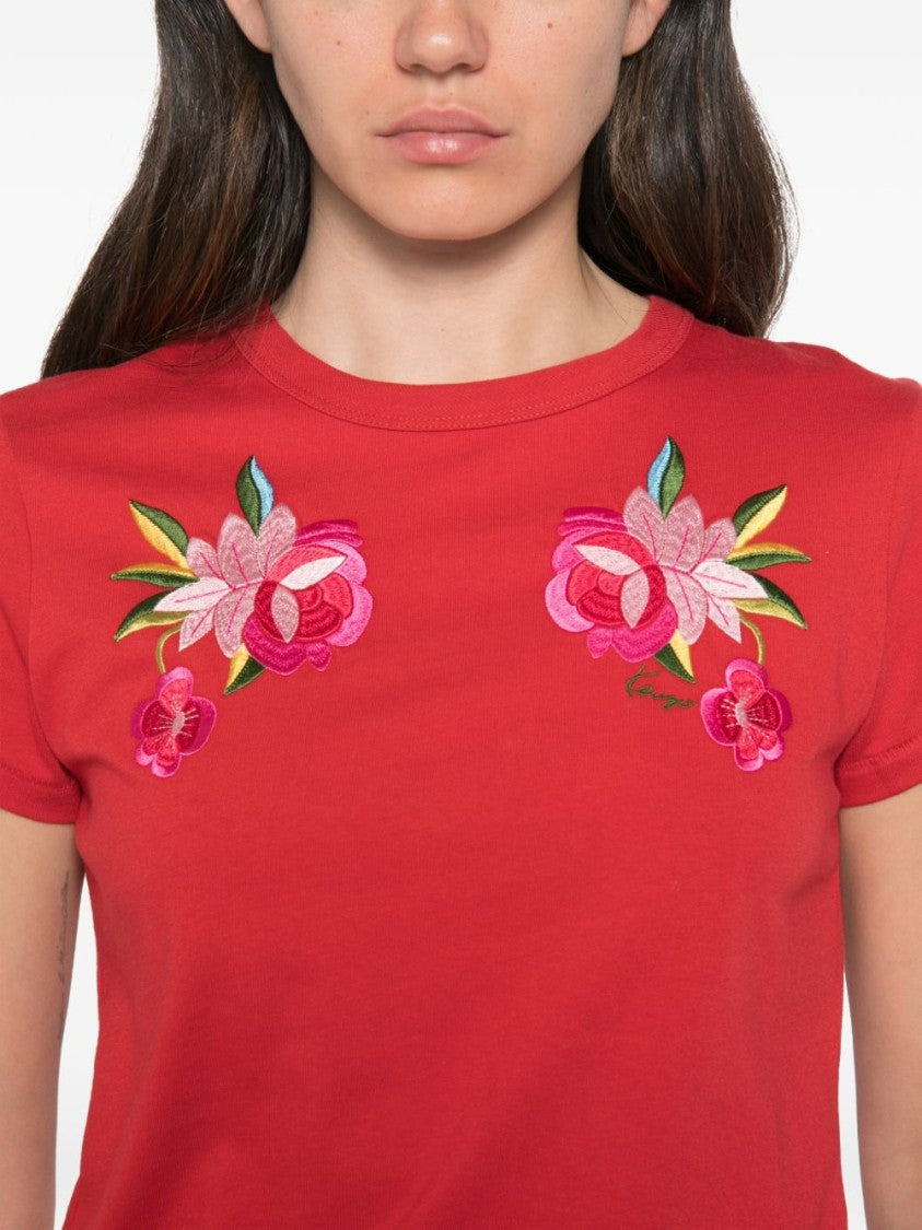 Kenzo Cropped Red Top With Floral Embroidery
