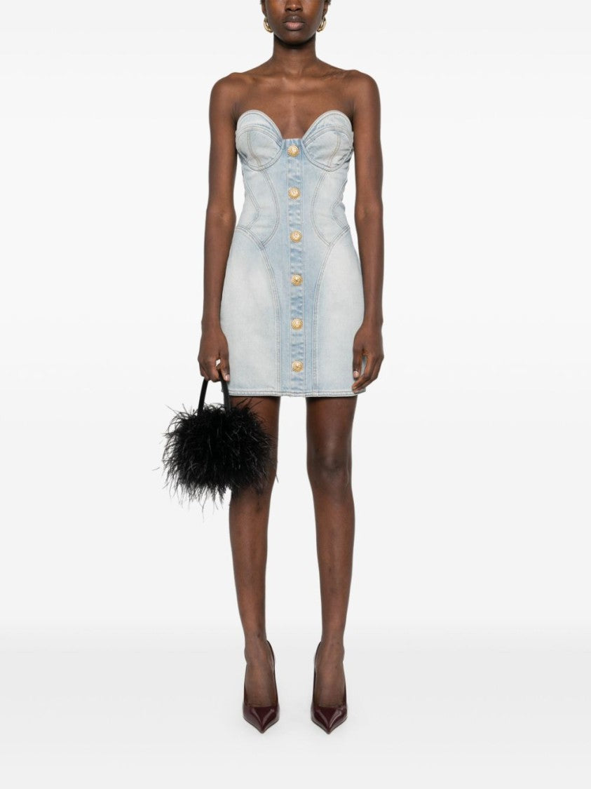 Balmain Light Blue Strapless Sweetheart Neck Dress