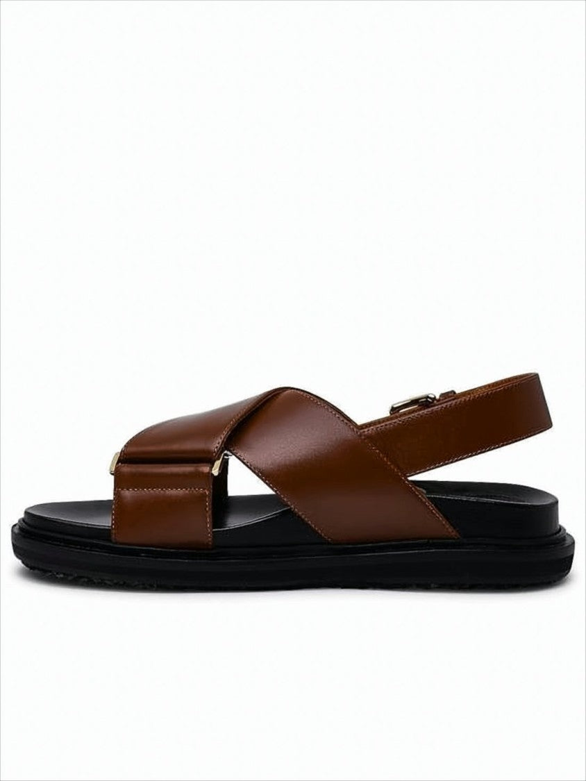 Marni Brown Leather Strap Sandals With Textured Rubber Sole