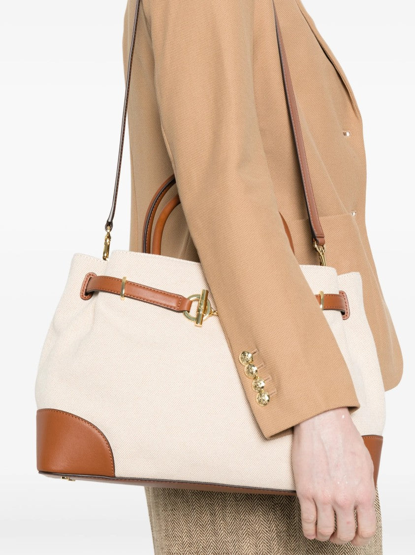 Lauren Ralph Lauren Structured Beige Canvas Handbag With Brown Leather Accents