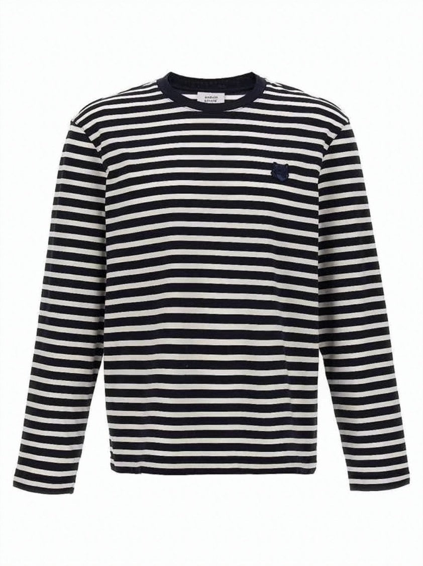 Maison Kitsuné Horizontal Striped Long-Sleeve Tee With Embroidered Emblem