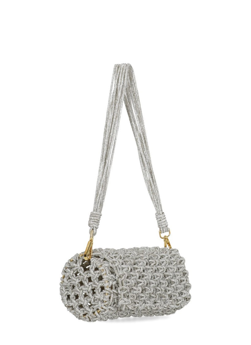 Hibourama Cylindrical Silver Hibourama Jewelry Bag With Woven Crystal Design