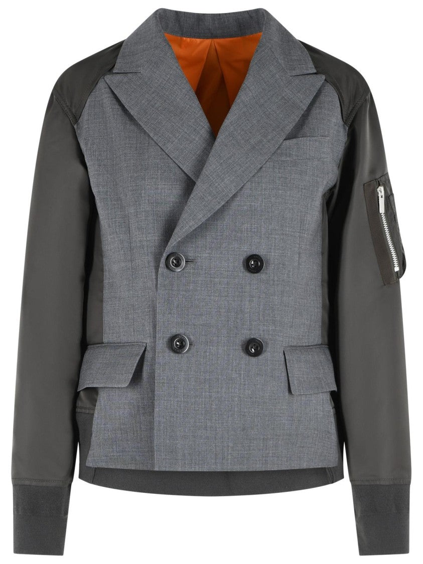 Sacai Blazer In Grey And Green Wool Blend