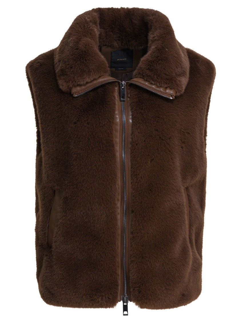 Pinko Brown Plush Textured Jacket With High Collar
