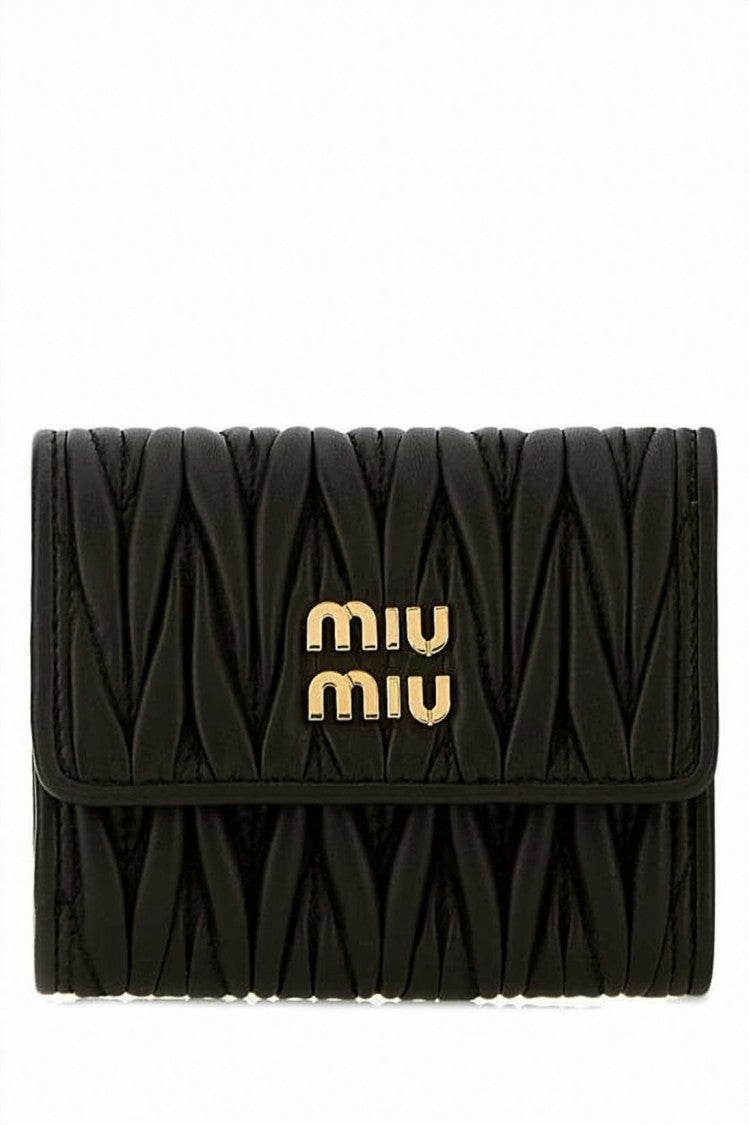 Miu Miu Compact Quilted Nappa Leather Wallet With Gold-Tone Logo Plaque