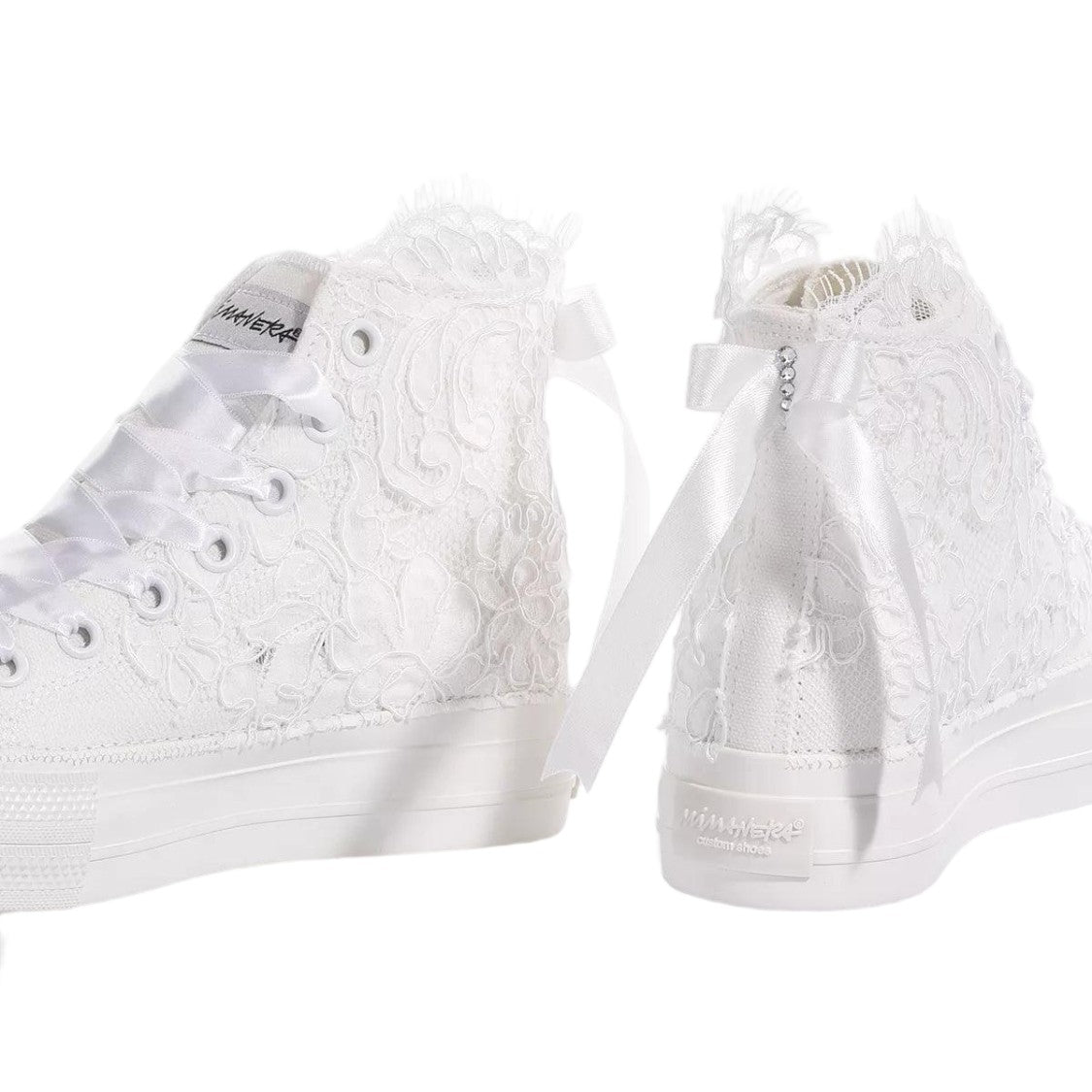 Mimanera White Handcrafted Lace Swarovski Platform Sneakers