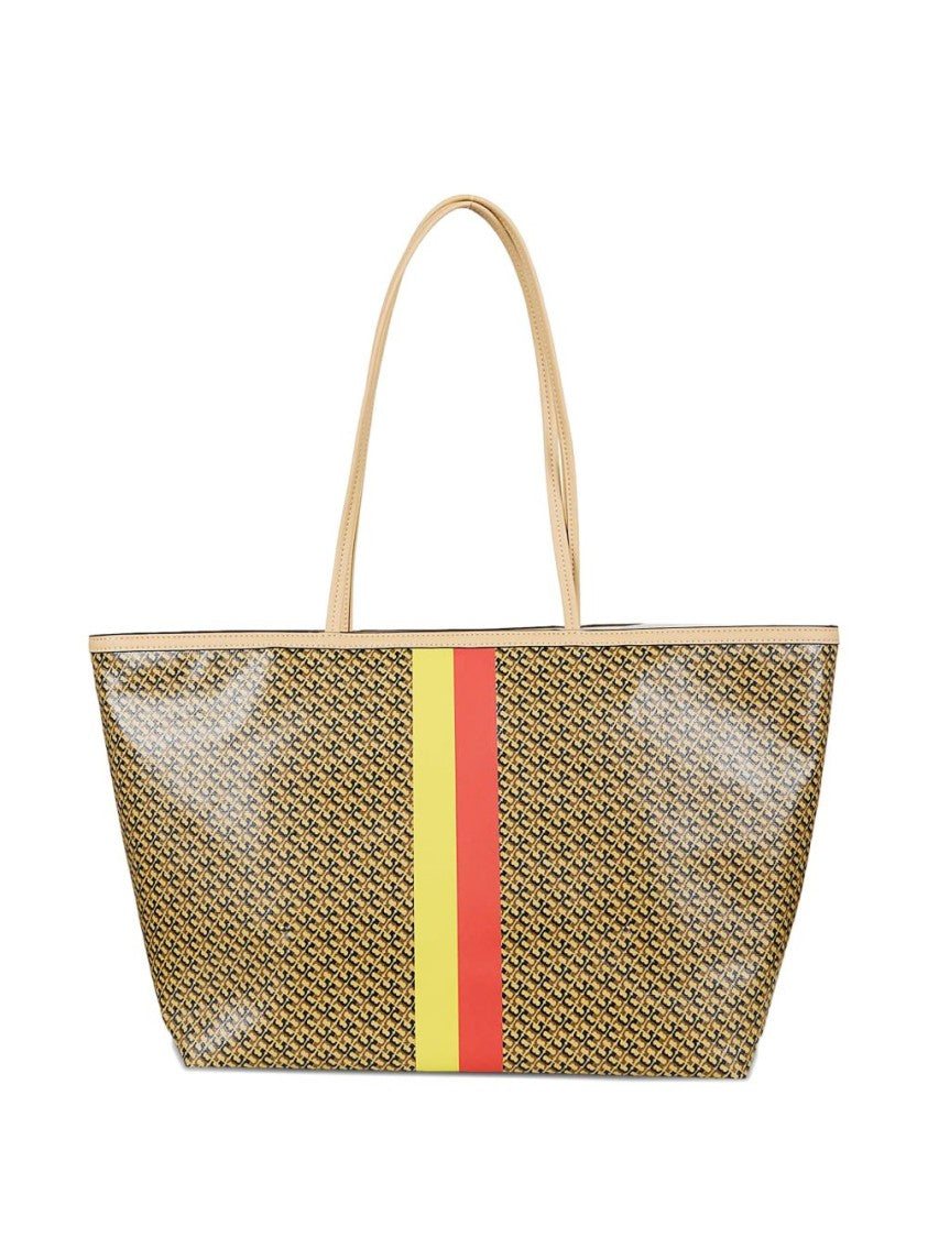 Tory Burch Textured Beige Shopper Bag With Geometric Pattern And Striped Accents