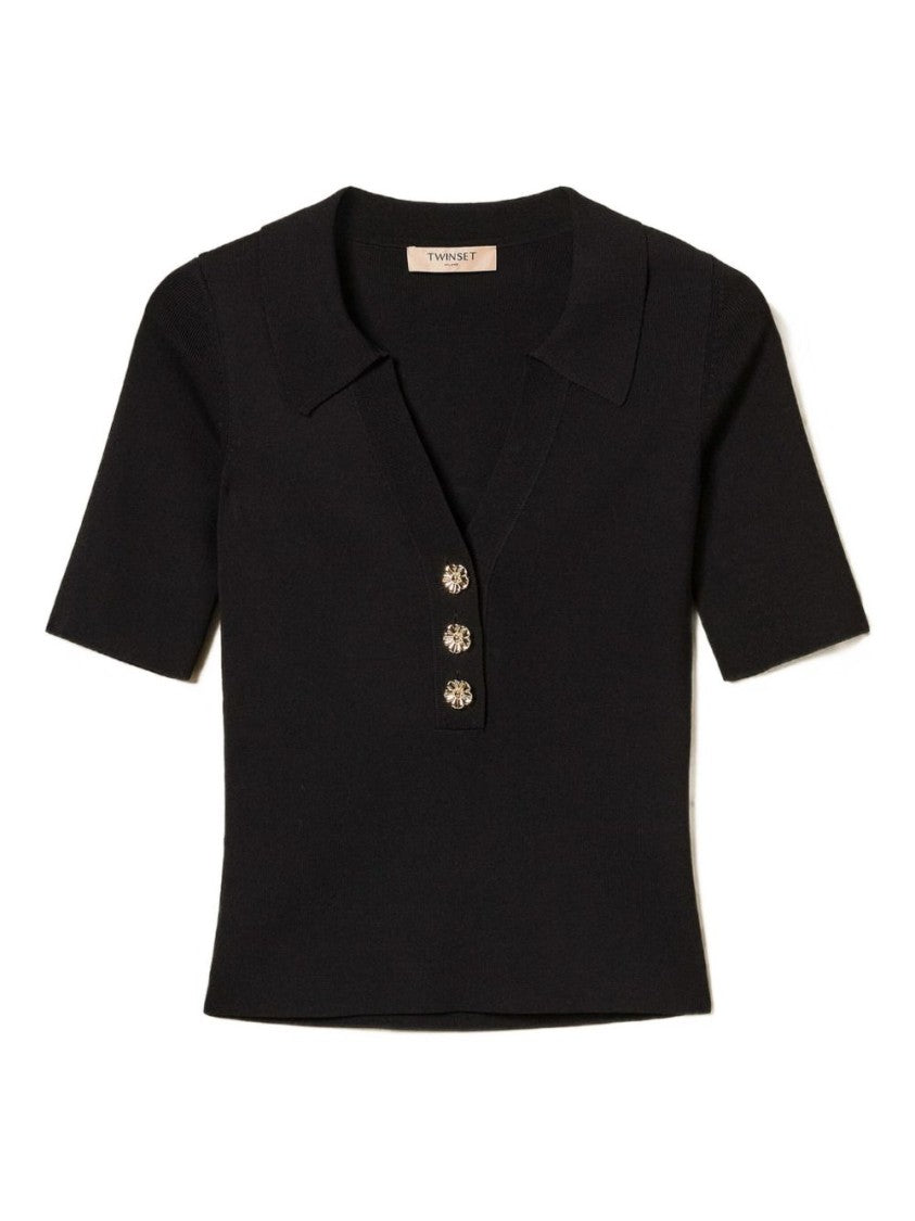 Twin-Set Fitted Black Short-Sleeve Top With Classic Collar