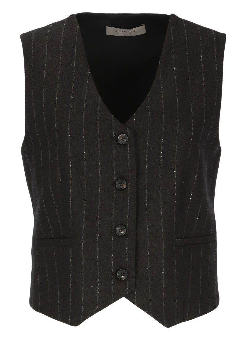 D. Exterior Brown Pinstriped Wool Sweater Vest