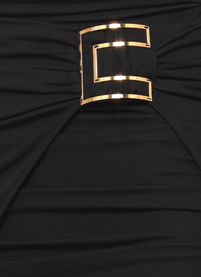 Elisabetta Franchi Asymmetrical Black Long Dress With Side Drape And Logo Pin