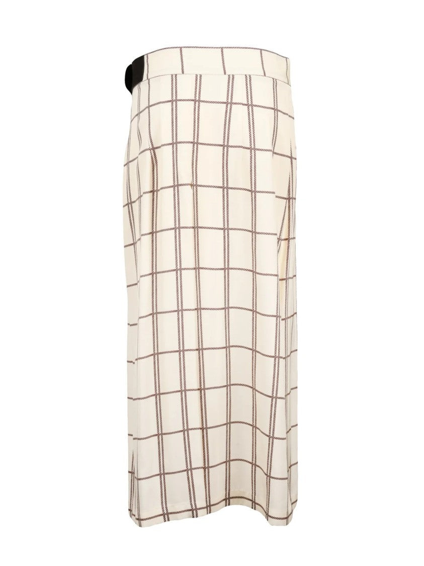 Crida Cream Long Pleated Skirt With Checkered Pattern