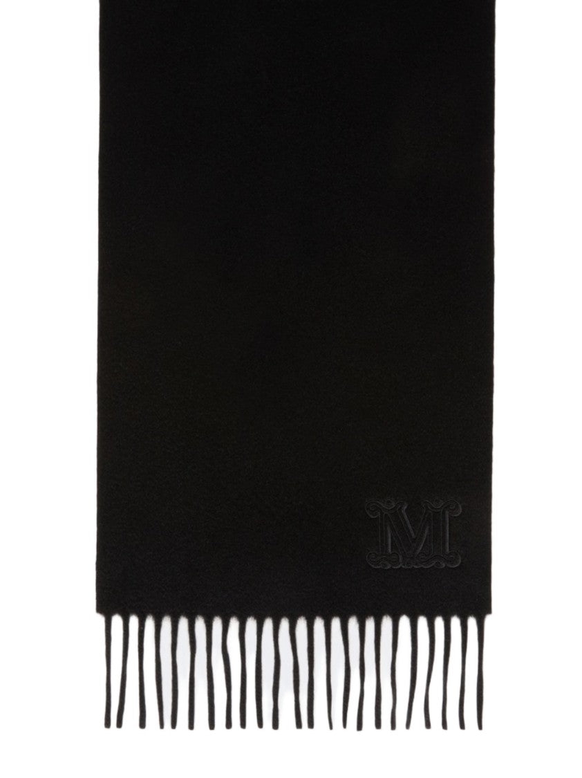 Max Mara Rectangular Black Scarf With Fringed Edges And Embroidered Logo