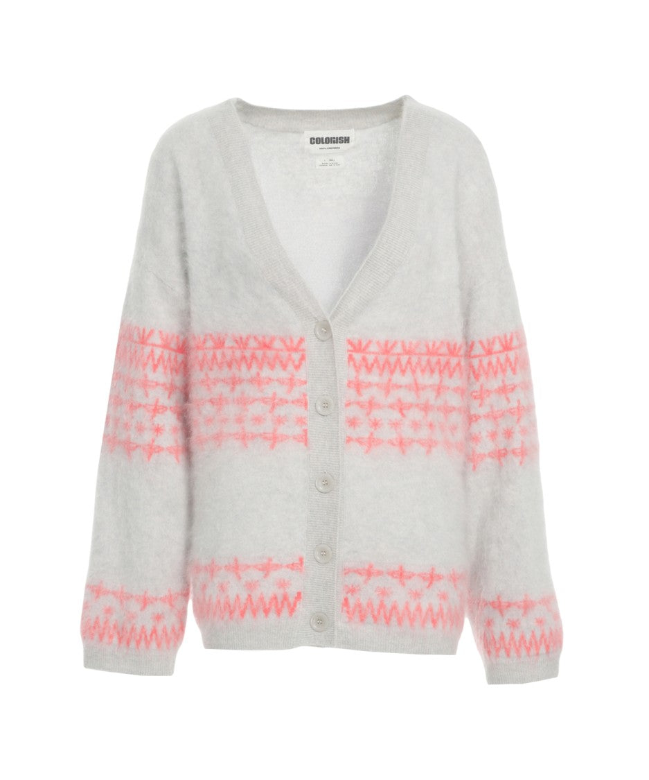 Crush Cashmere Cardigan With Geometric Pattern And V-Neckline