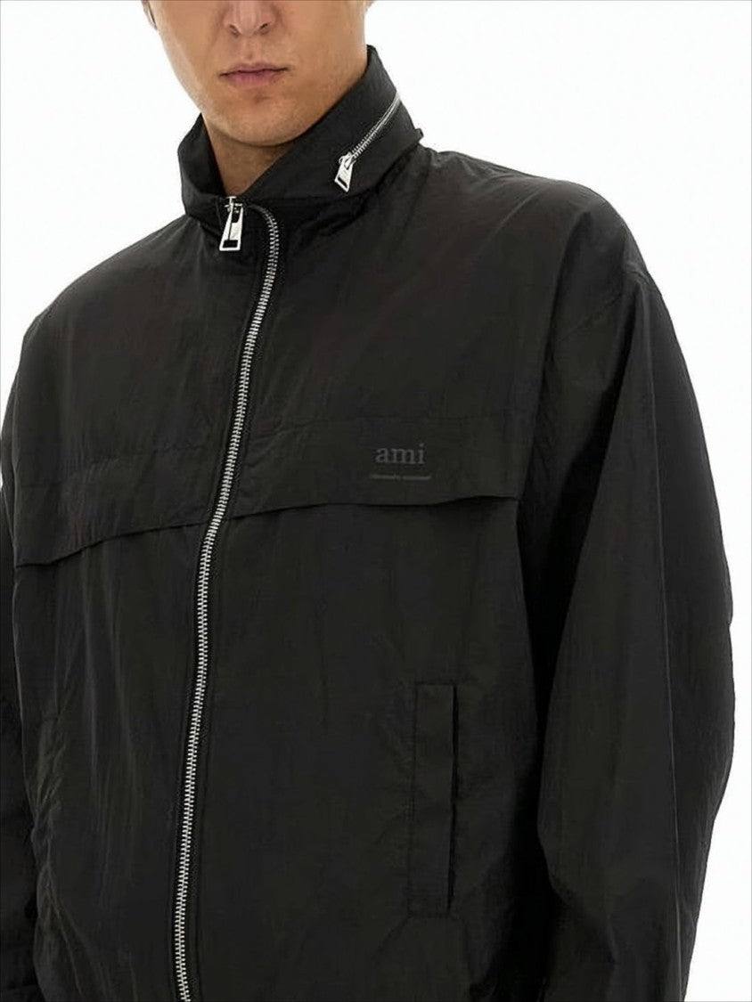 Ami Paris High-Collar Polyamide Jacket With Elastic Hem And Cropped Fit
