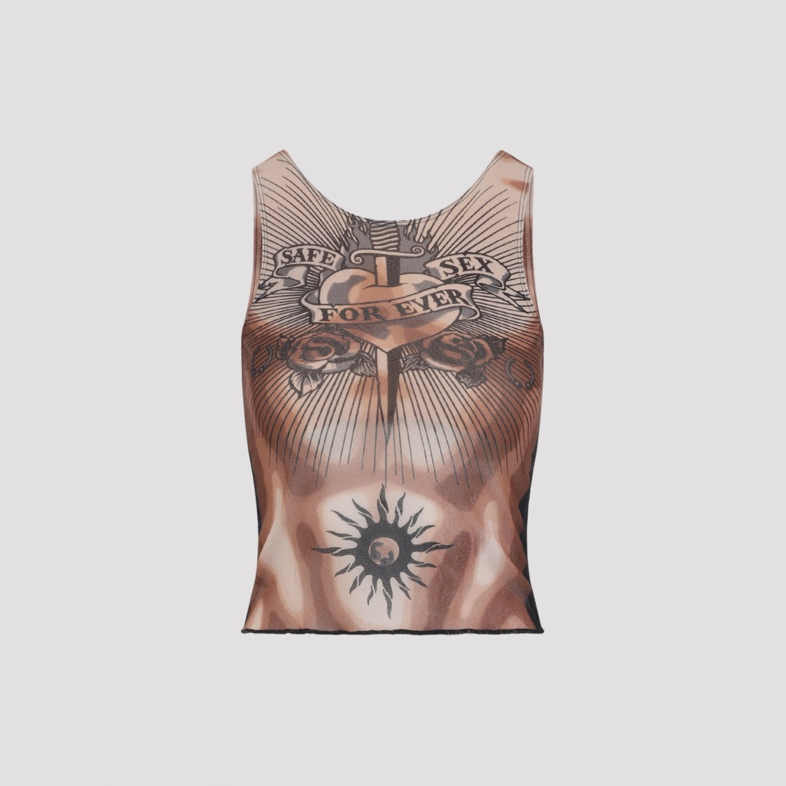 Jean Paul Gaultier Tattoo-Printed Brown Mesh Sleeveless Top