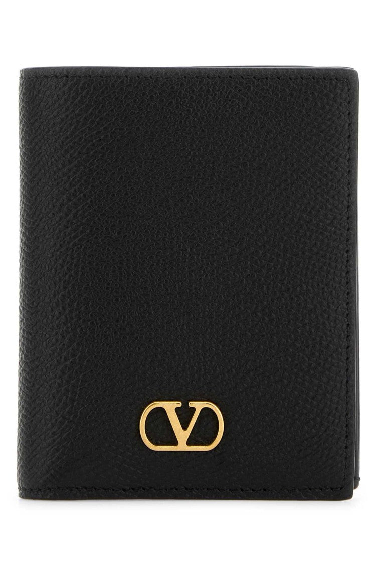 Valentino Garavani Black Calf Leather Wallet With Iconic Golden Vlogo