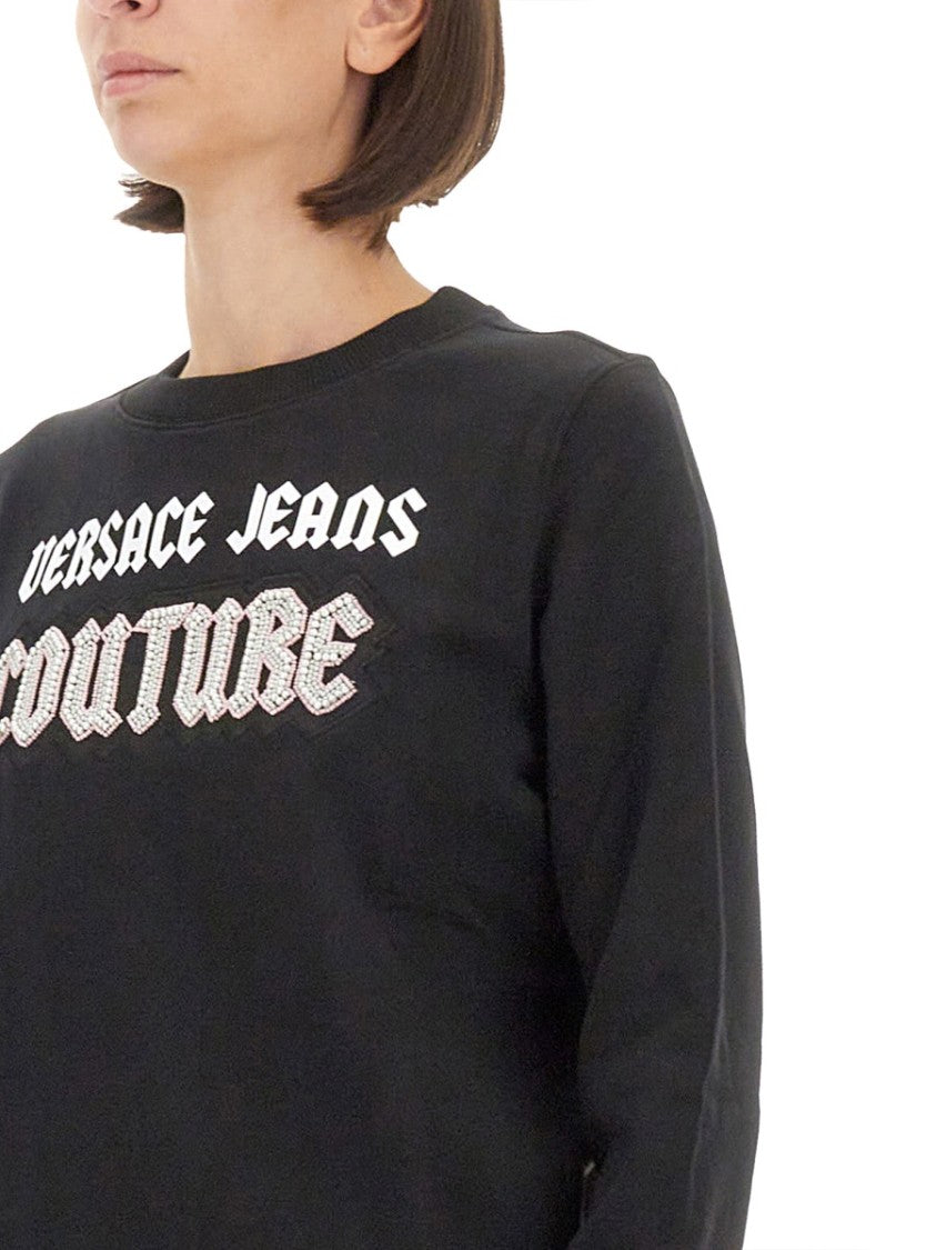 Versace Jeans Couture Crew Neck Black Sweatshirt With Bold Logo
