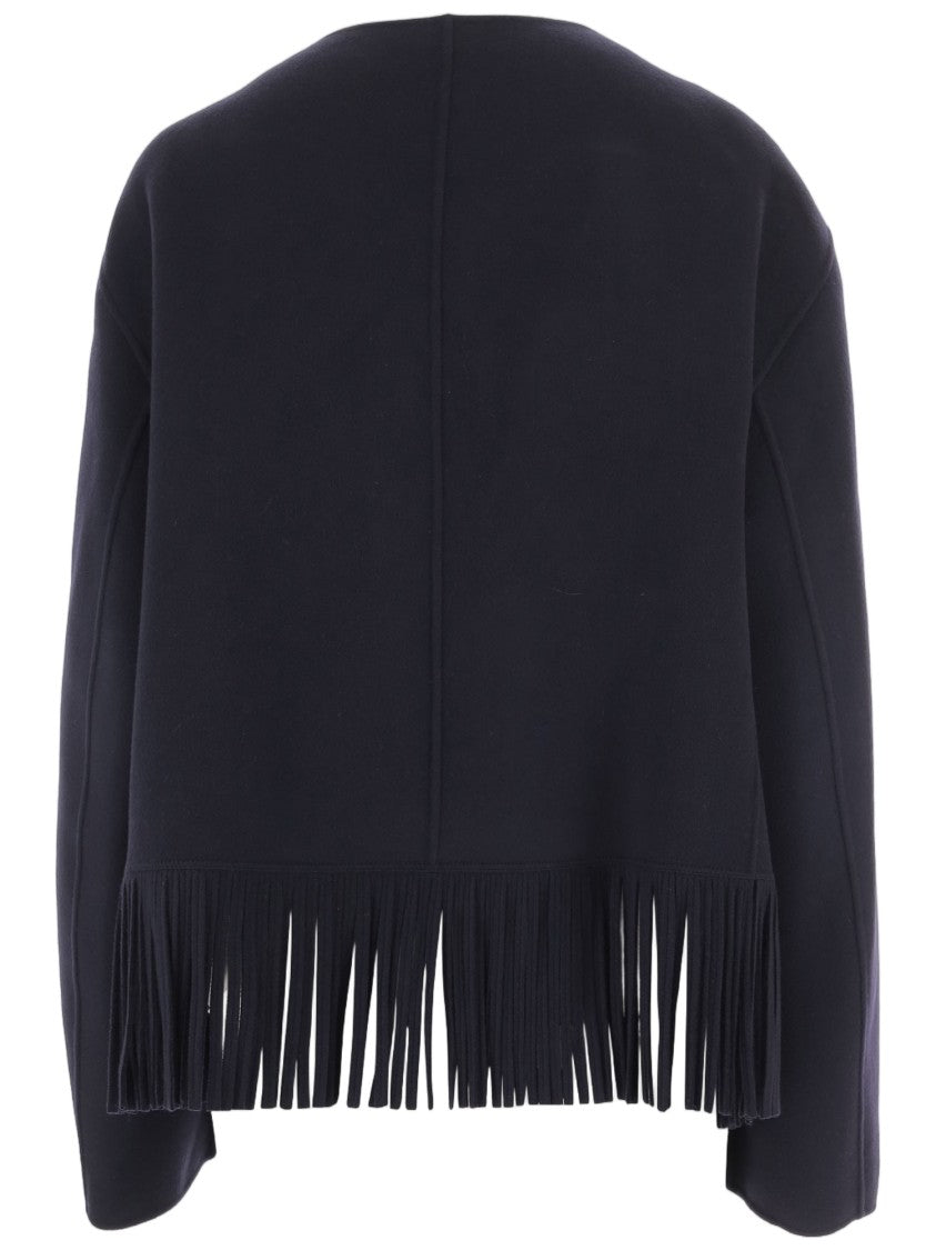 Carven Navy Blue Fringed Double-Breasted Wool-Cashmere Jacket