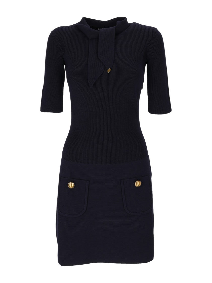 Elisabetta Franchi Fitted Ribbed Knit Mini Dress With Nektie Detail