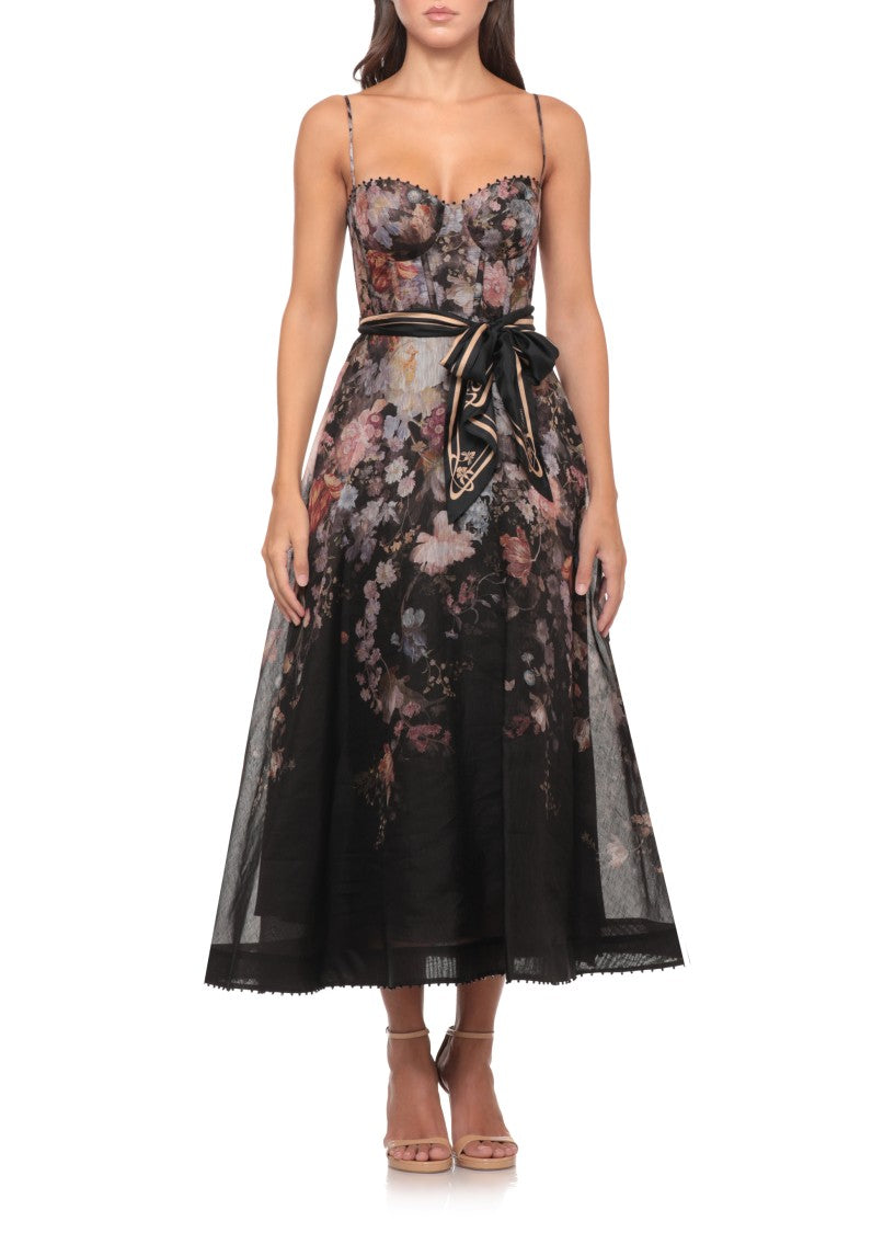 Zimmermann Floral Midi Dress With Bustier Bodice And Sheer Overlay