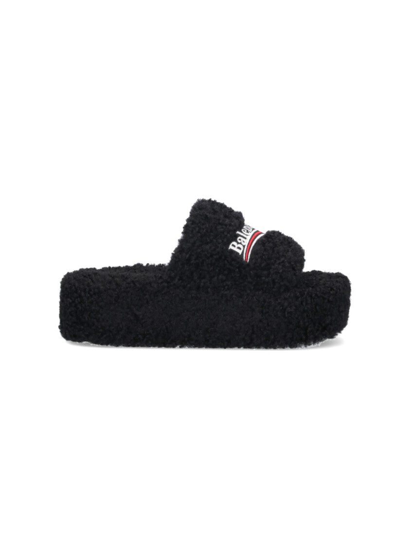 Balenciaga Black Furry Fabric Slides Sandals