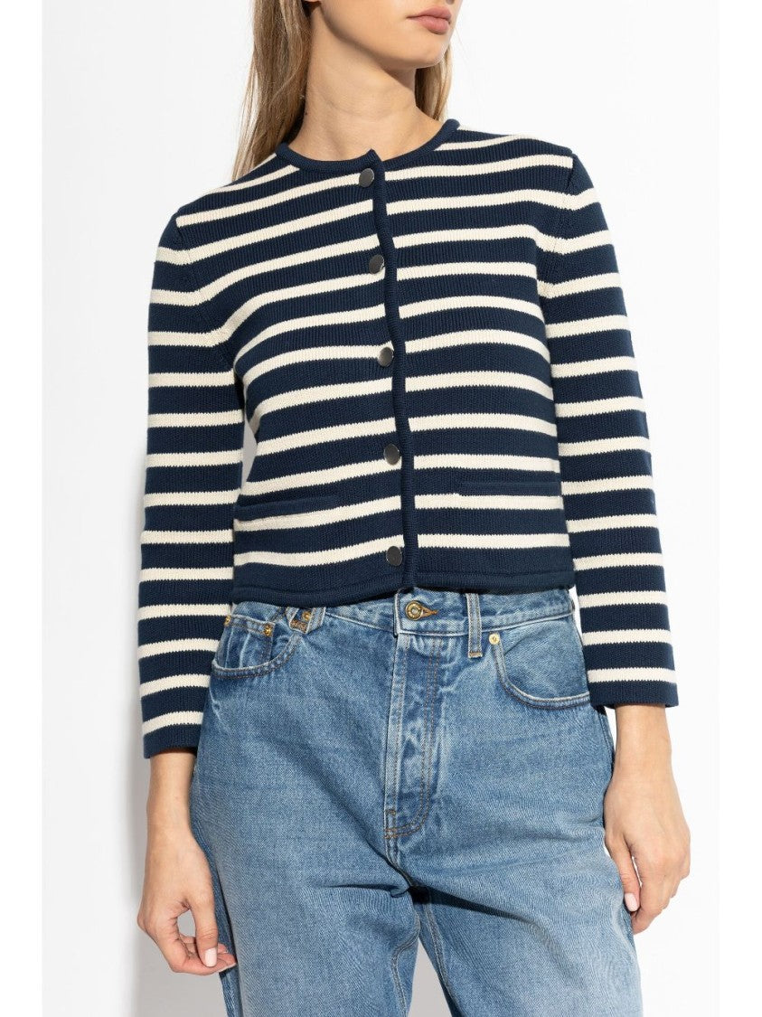 Theory Navy/White Striped Cotton Cardigan